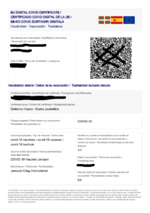 Ejemplo de certificado COVID o Green PASS